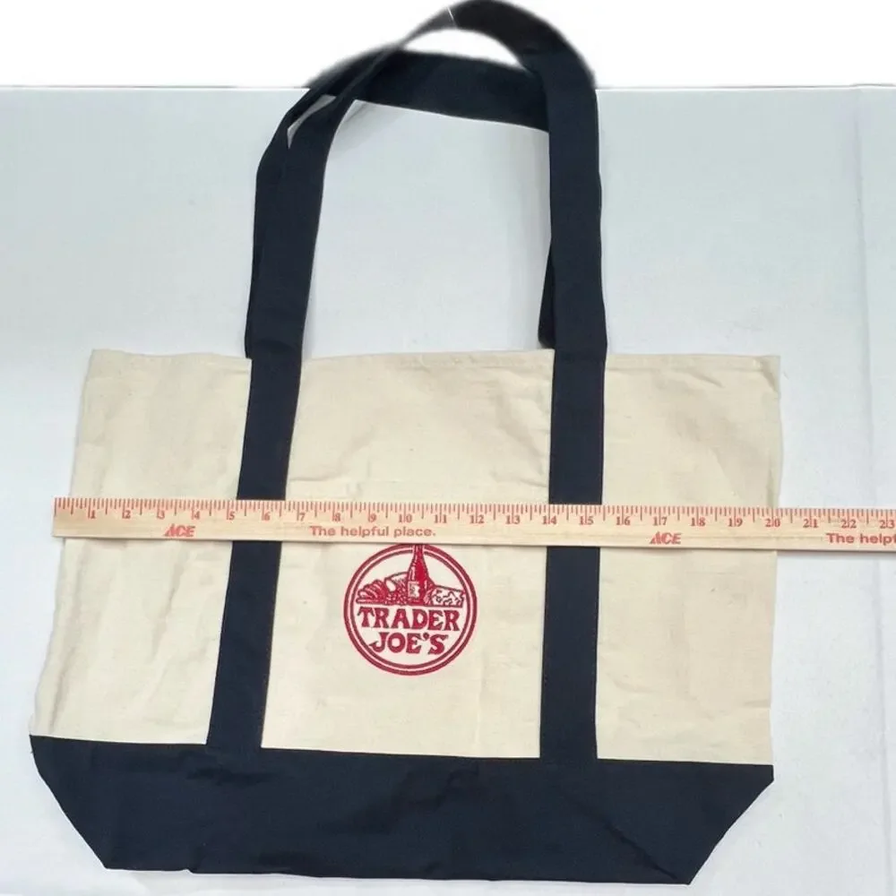 Trader Joe's Large Cotton Canvas Tote Navy Reusable Market Bag Pockets NWT